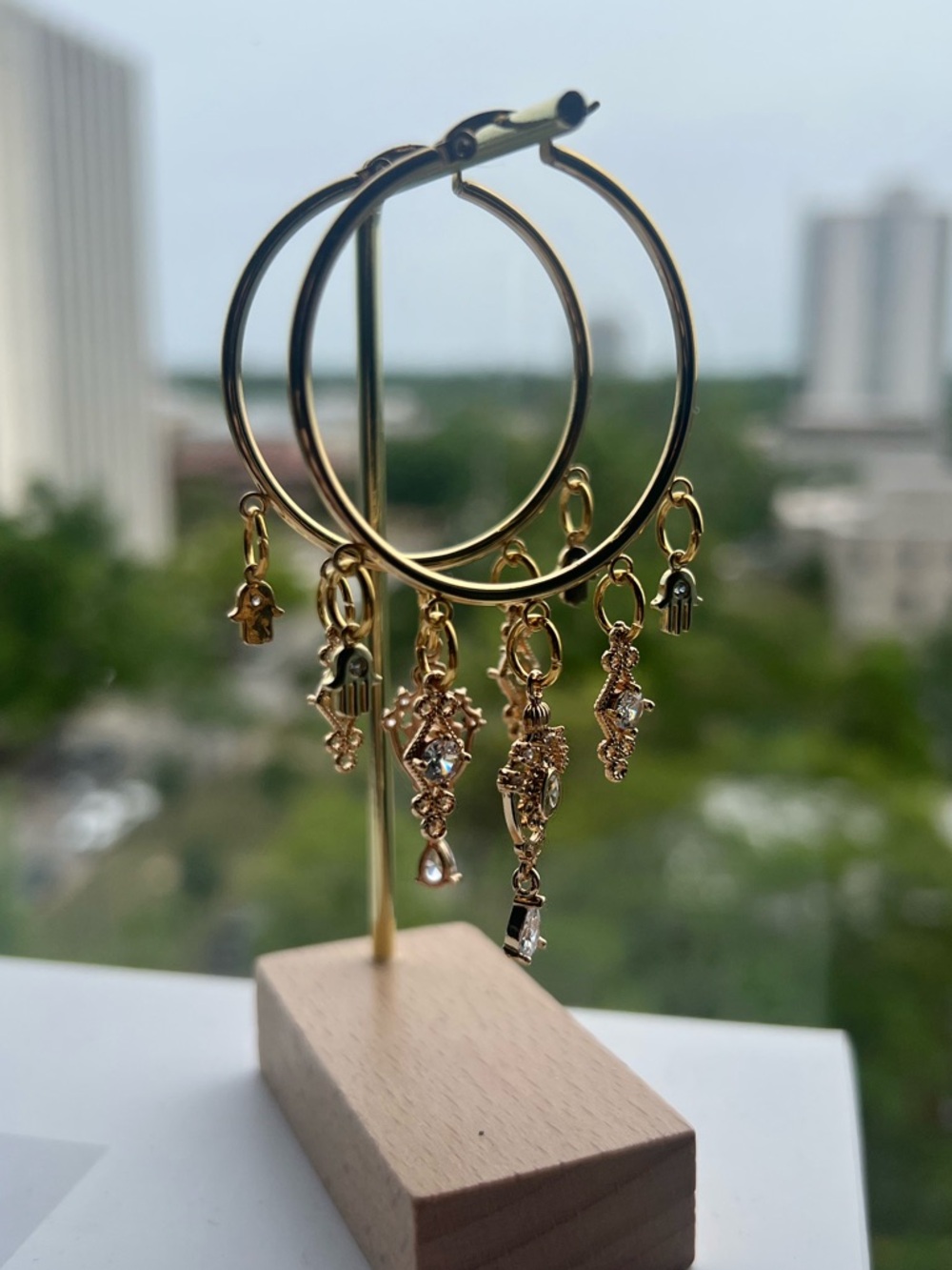 Gold Hoop Earrings with Crystal Charm Drops